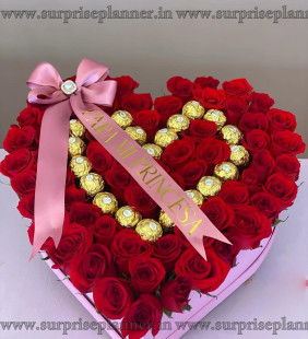Heart Shaped Red Rose Box with Ferrero Rocher