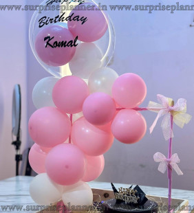 Personalized Pink White Birthday Balloon and Cake Delight