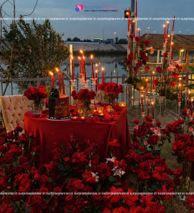 Luxury Rose Heart Anniversary Setup with Candlelight Neon Happy AnniversaryBackdrop