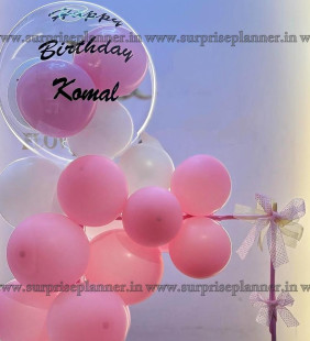 Personalized Pink White Birthday Balloon and Cake Delight