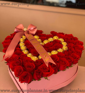 Heart Shaped Red Rose Box with Ferrero Rocher